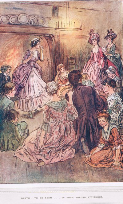 "Kuolema: nähtäväksi...niin vulgaarisissa asenteissa" esimerkki Oliver Goldsmithin teoksesta "The Vicar of Wakefield", n. 1910 tekijältä Margaret Jameson